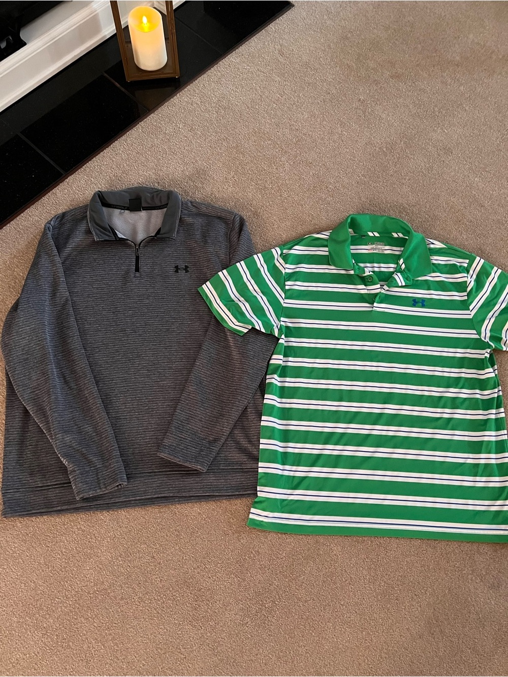 Under Armour Green & White Striped Polo with Gray Quarter-Zip Top